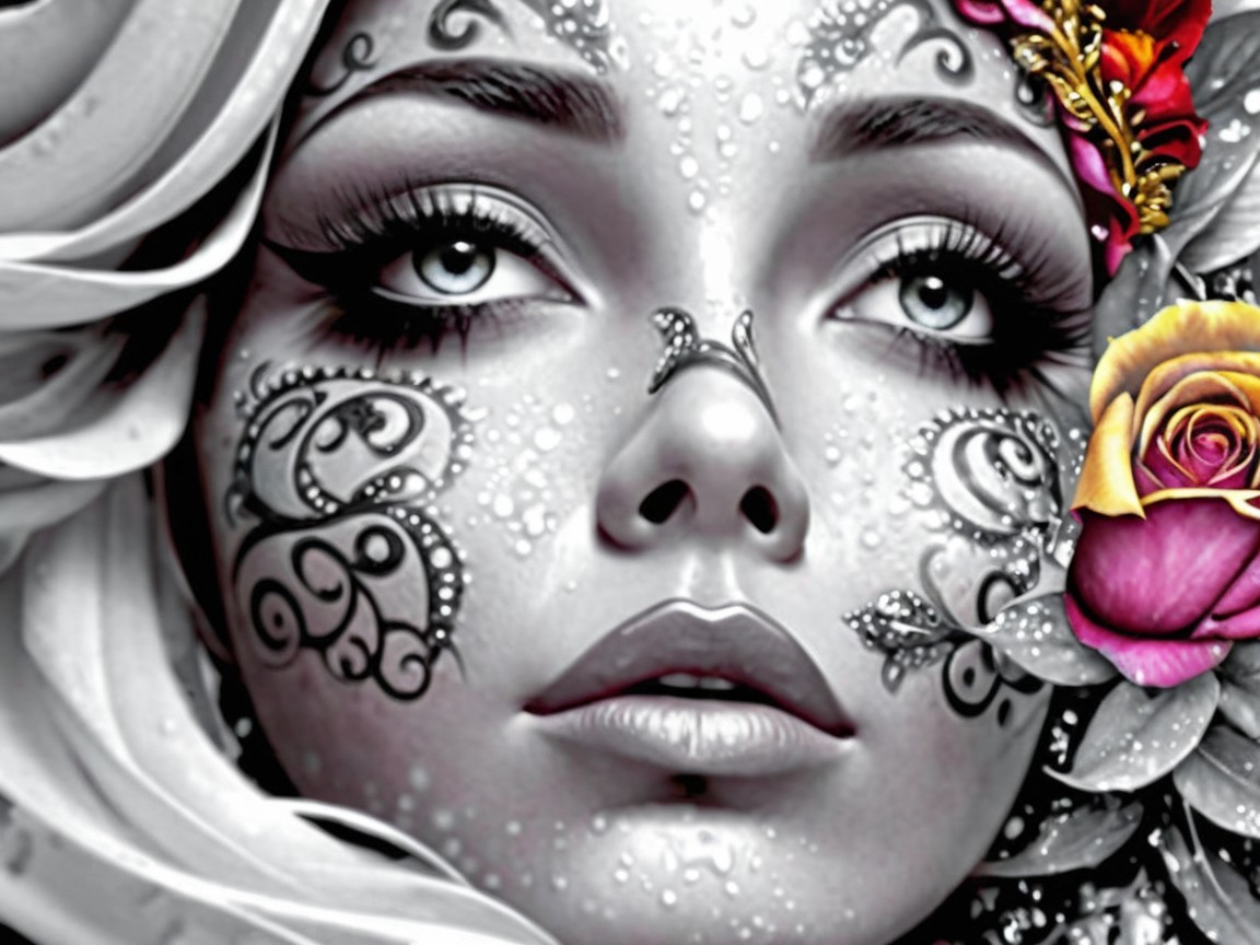 Close-up of a woman with black tattoos and flowers