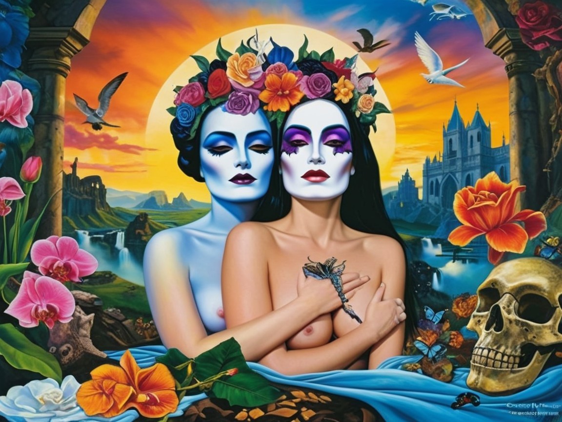 Women with Blue and White Skin in Colorful Landscape