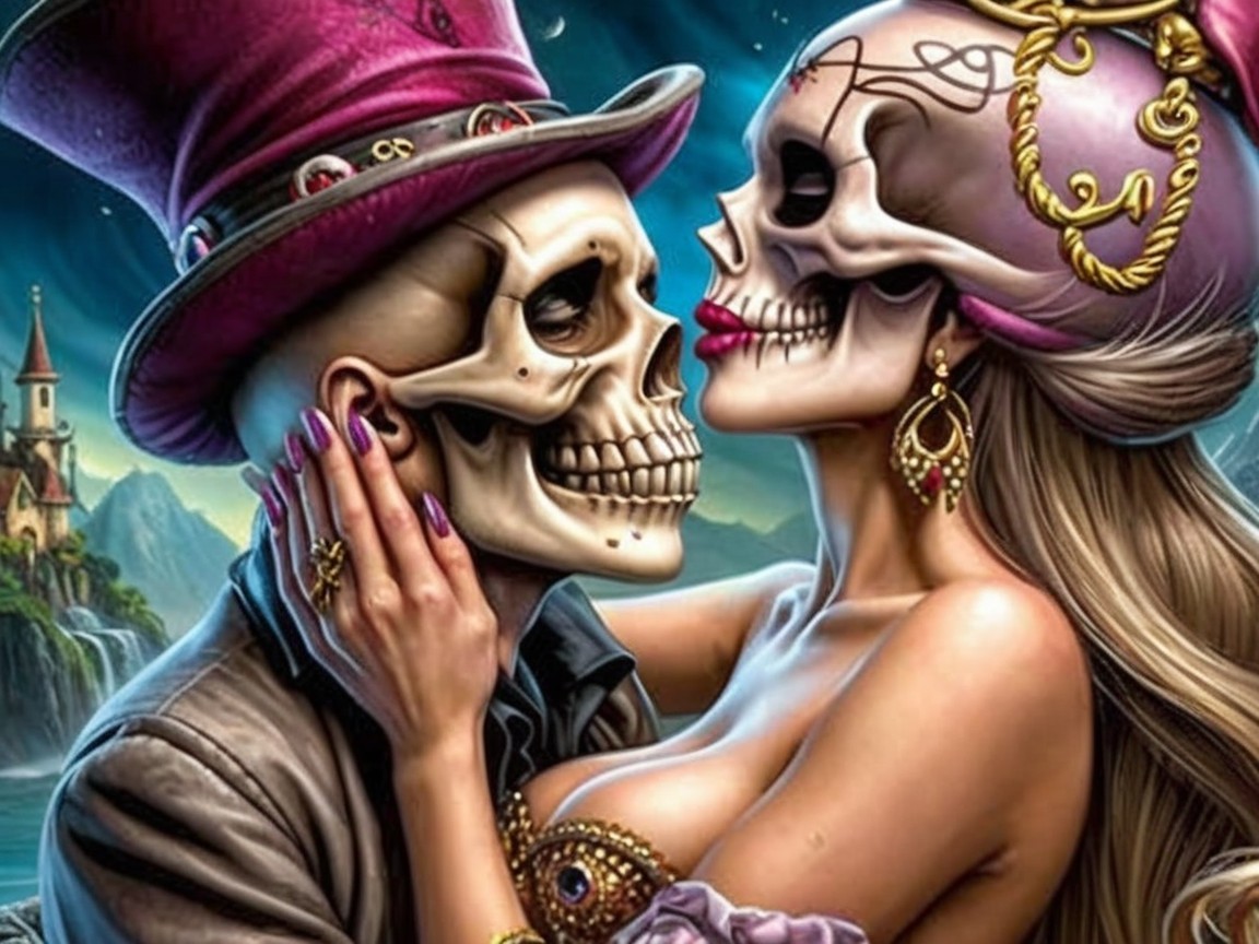 Skeleton Couple Kissing in a Colorful Fantasy Landscape