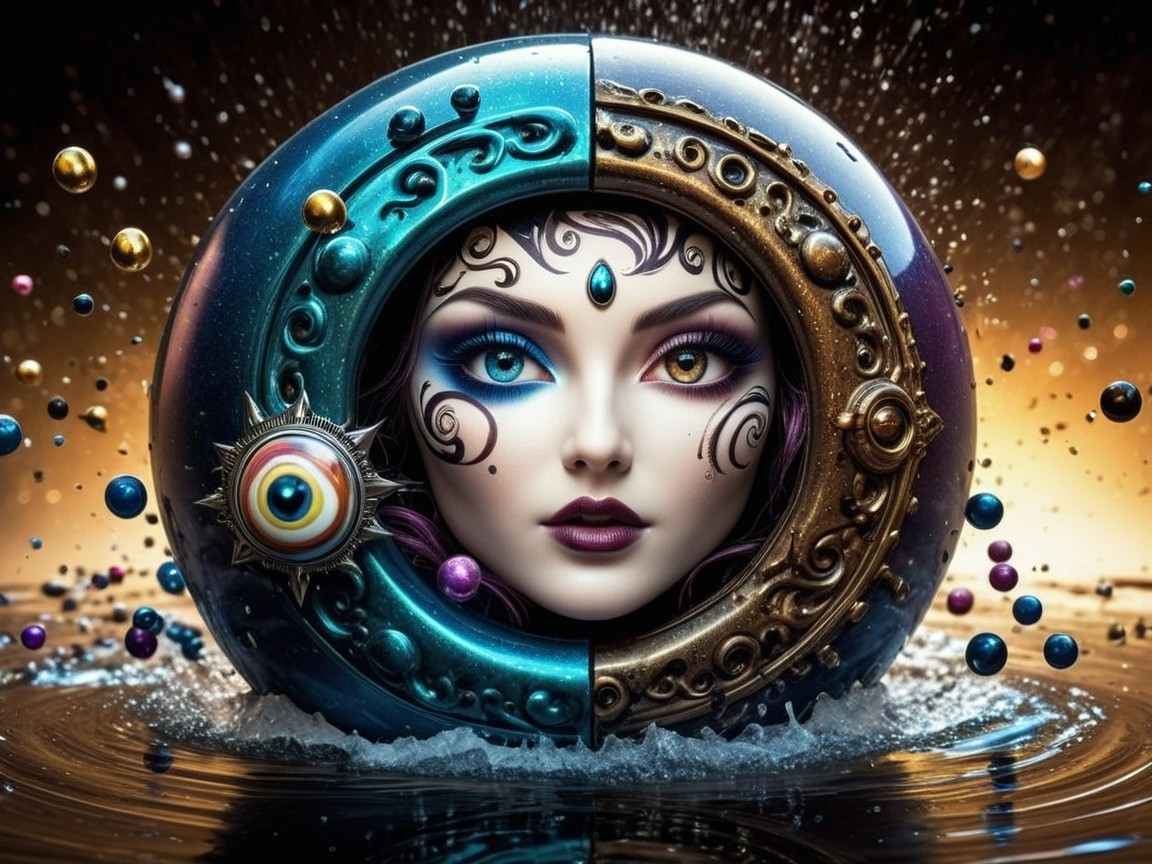 Surreal Scene with Dual-Toned Eyes and Floating Spheres