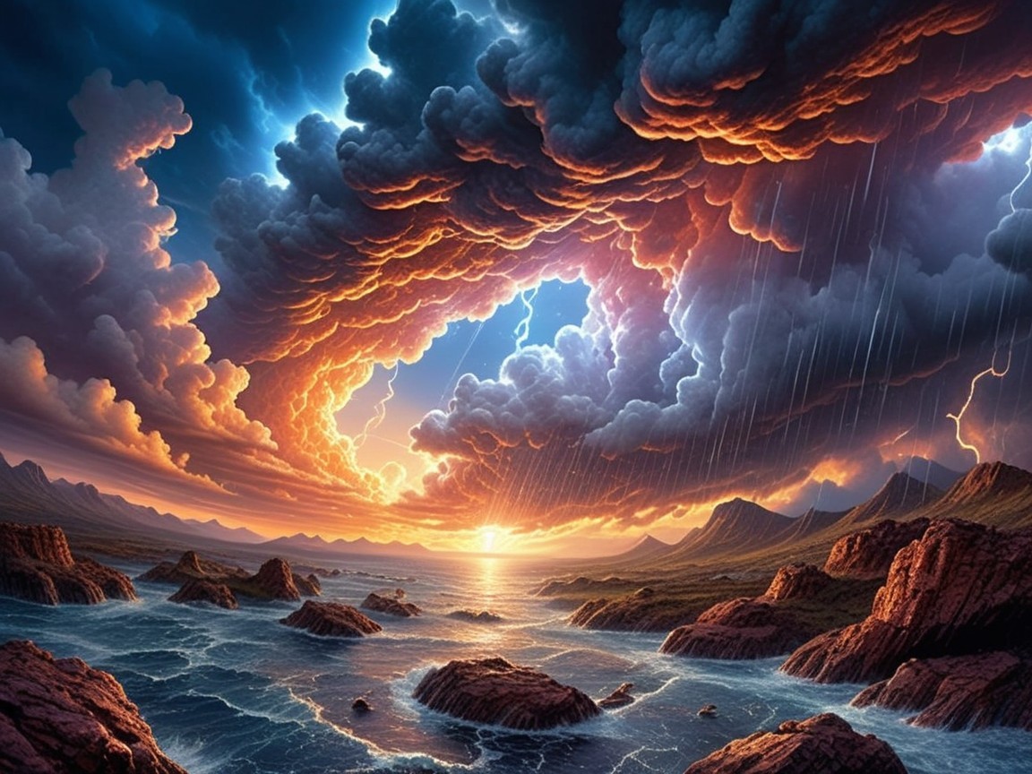 Dramatic Seascape with Lightning and Rugged Coastline