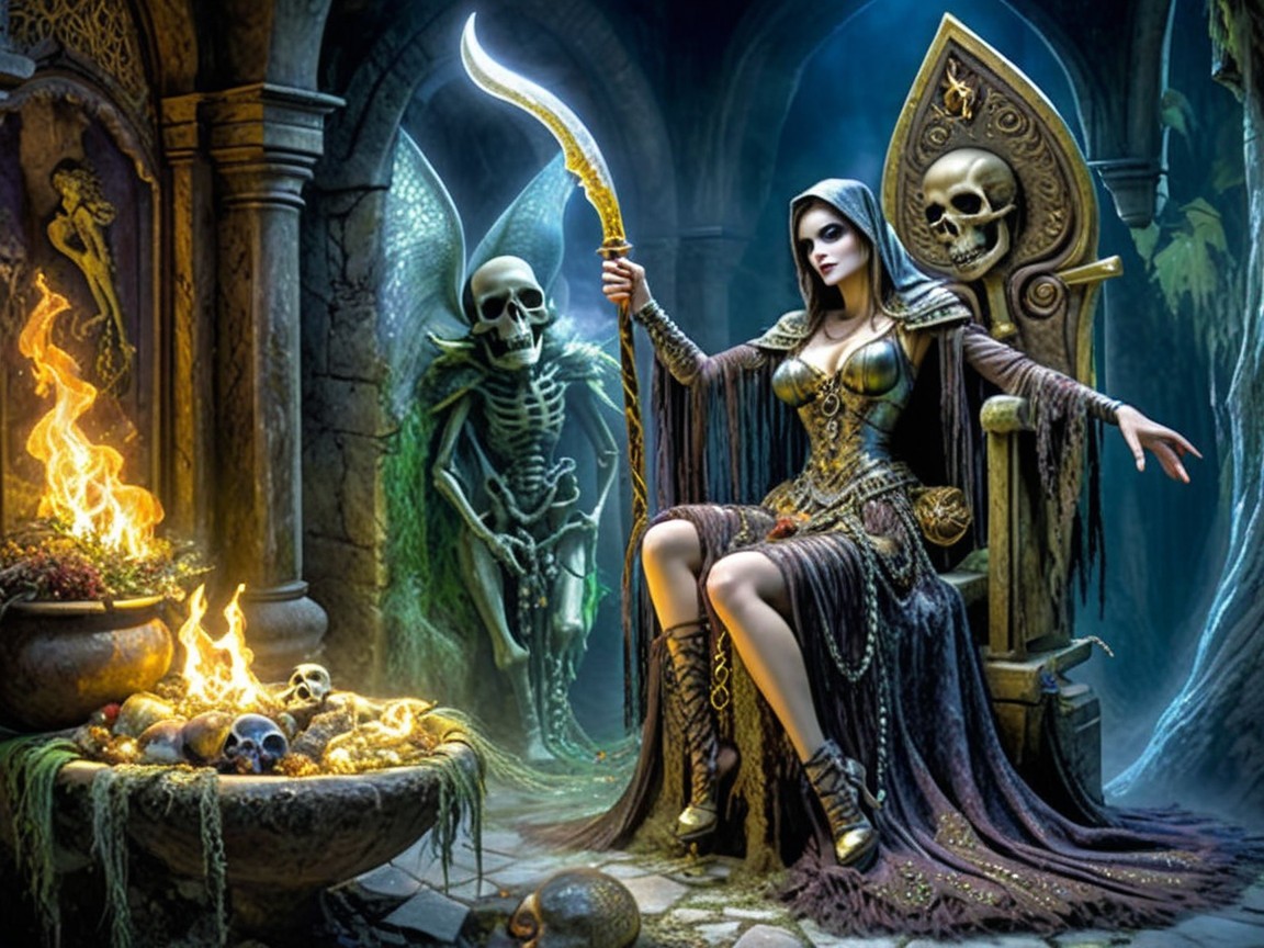 Mysterious Figure on Skull Throne in Eerie Chamber