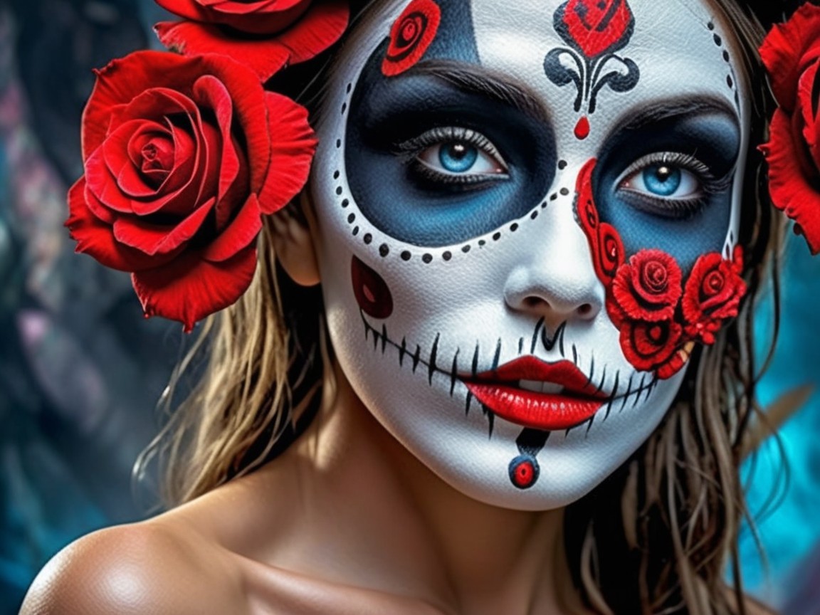 Portrait of a Woman with Dia de los Muertos Face Paint