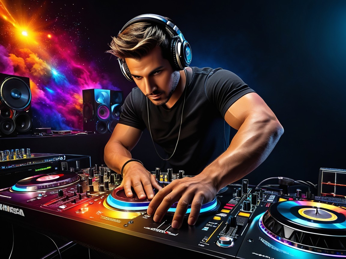 Male DJ Mixing Music in a Colorful Night Setting
