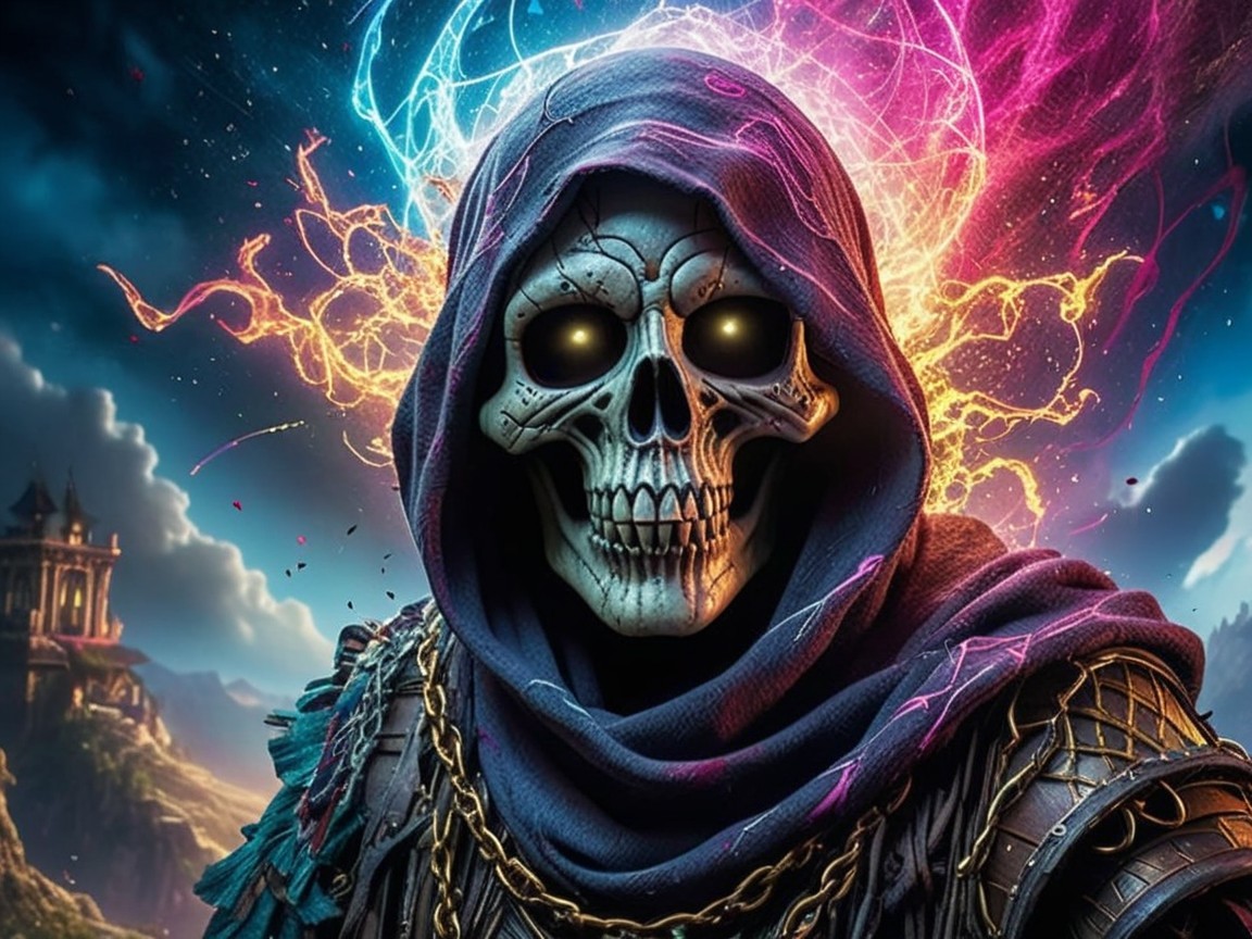 Skeletal Figure in Cloak Amidst Mystical Landscape