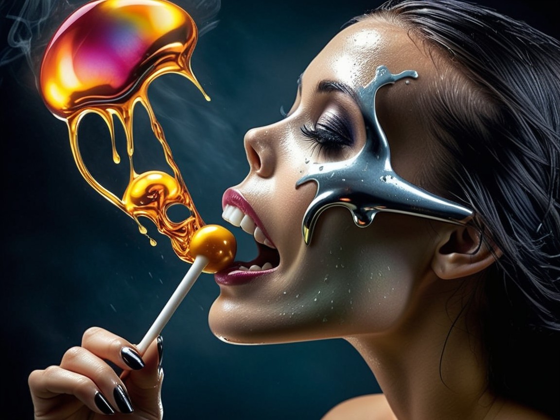 Portrait of a woman with metallic makeup and lollipop