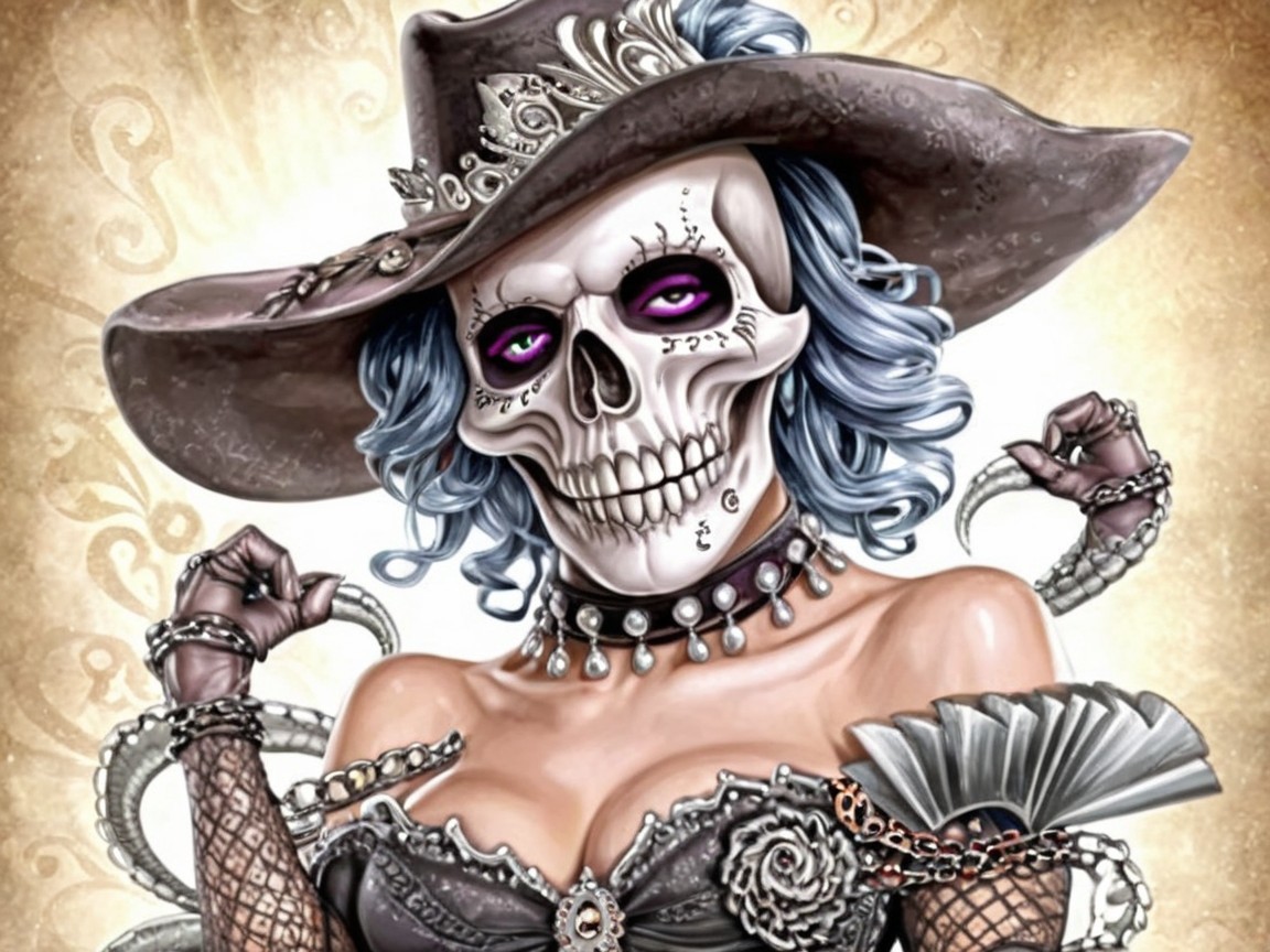 Stylized Character with Skull Face and Gothic Elegance