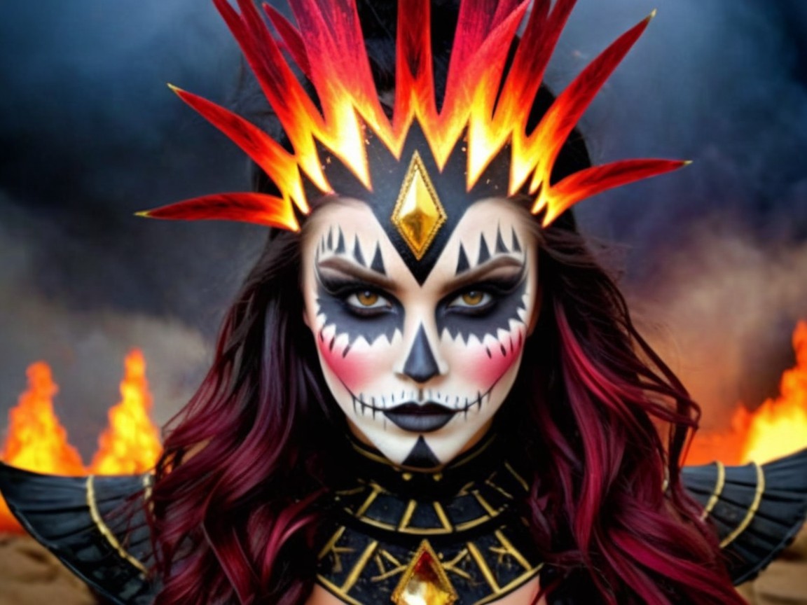 Captivating Figure in Fiery Flames with Skull Makeup