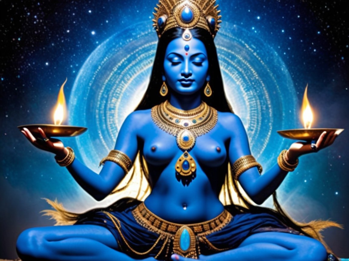 Goddess with Blue Skin and Oil Lamps in Cosmic Setting