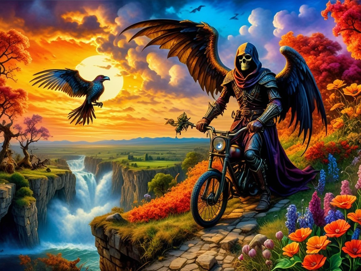 Grim Reaper on Bicycle in Vibrant Sunset Landscape