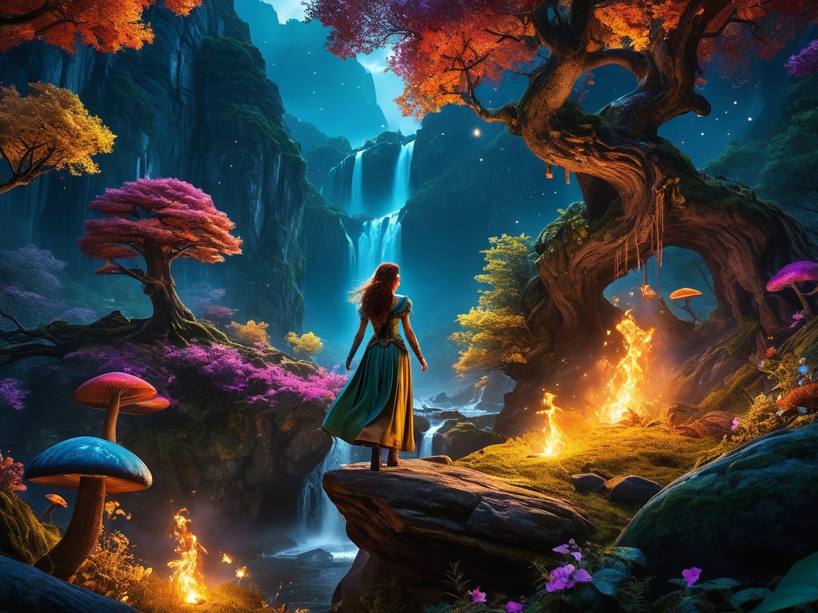 Mystical Landscape with Waterfall and Enchanting Flora