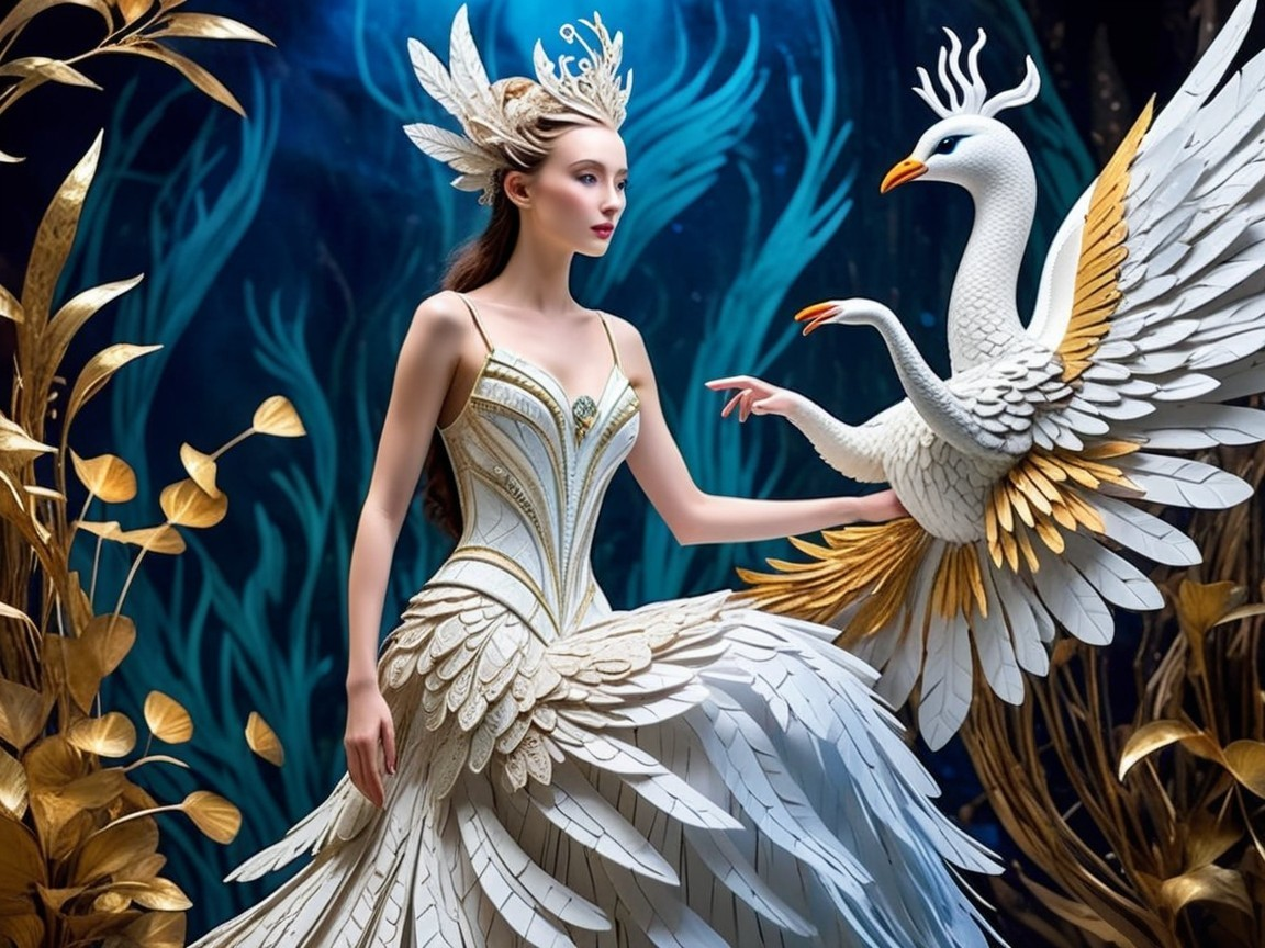 Underwater Scene with Elegant Figure and Swan