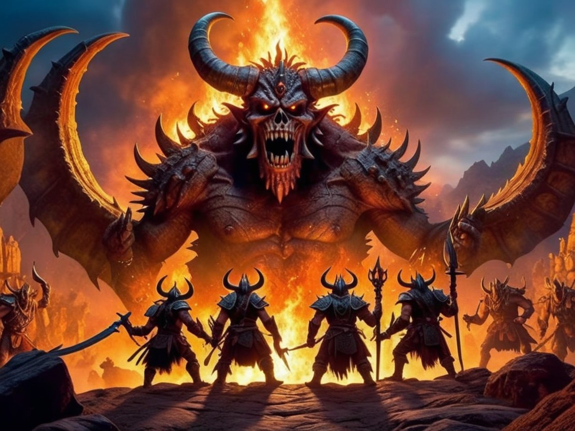 Dramatic Fantasy Scene with Demon and Armored Warriors