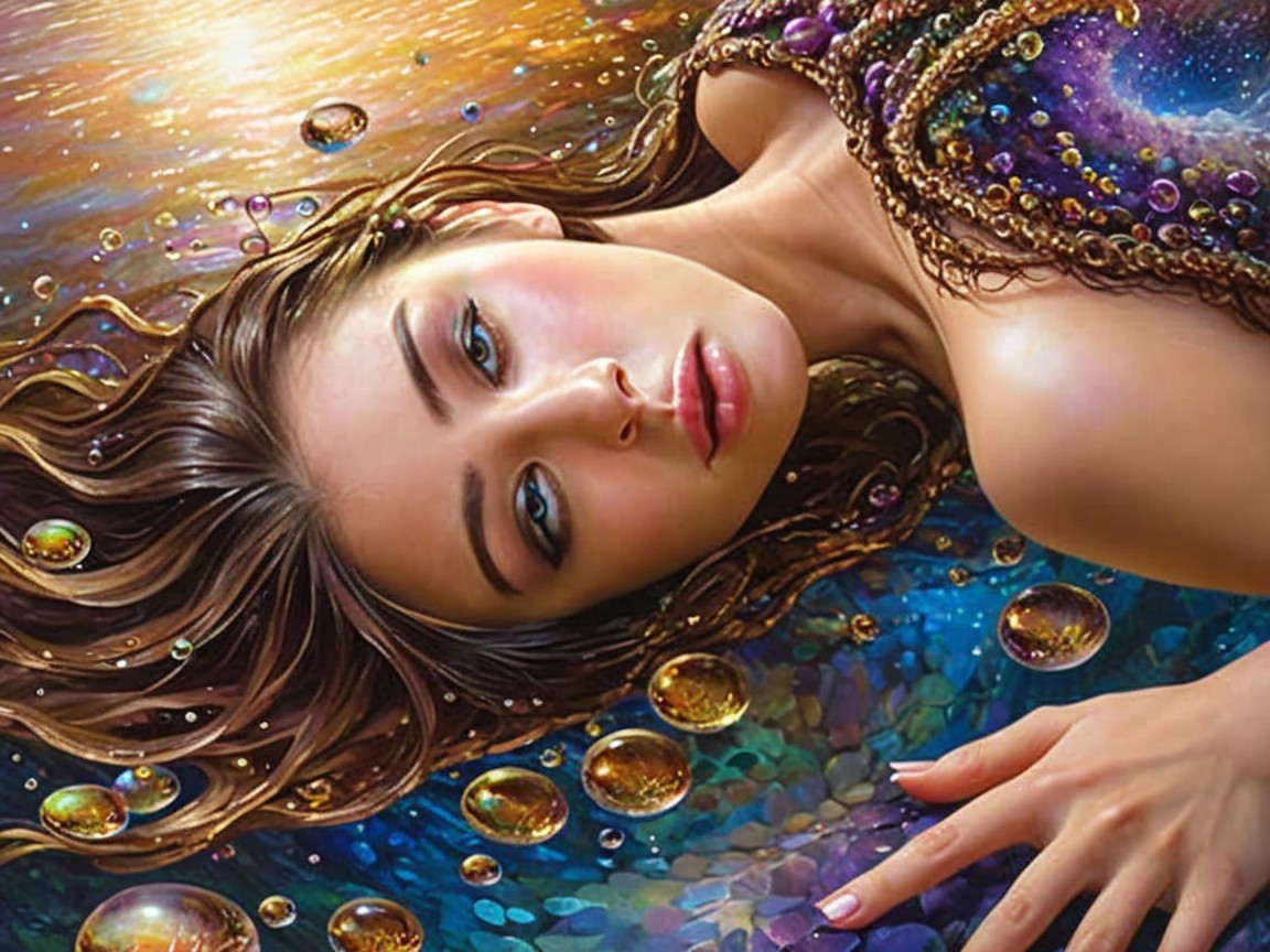 Serene Woman on Cosmic Background with Colorful Bubbles