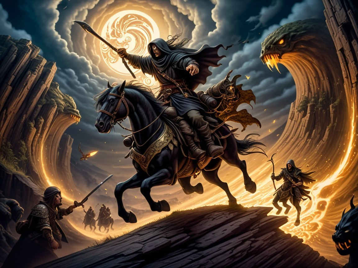 Hooded Figure on Horse with Serpent and Shadow Warriors