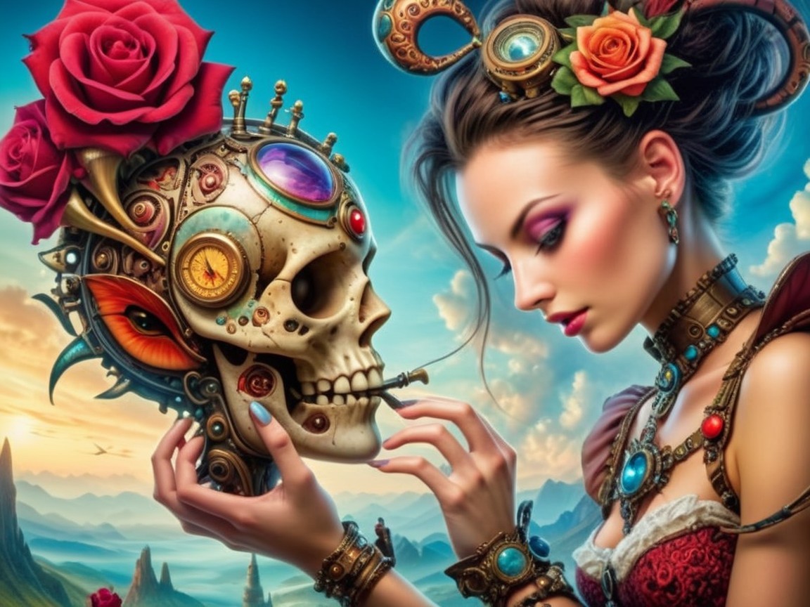 Woman in Vibrant Dress Holding Decorated Skull