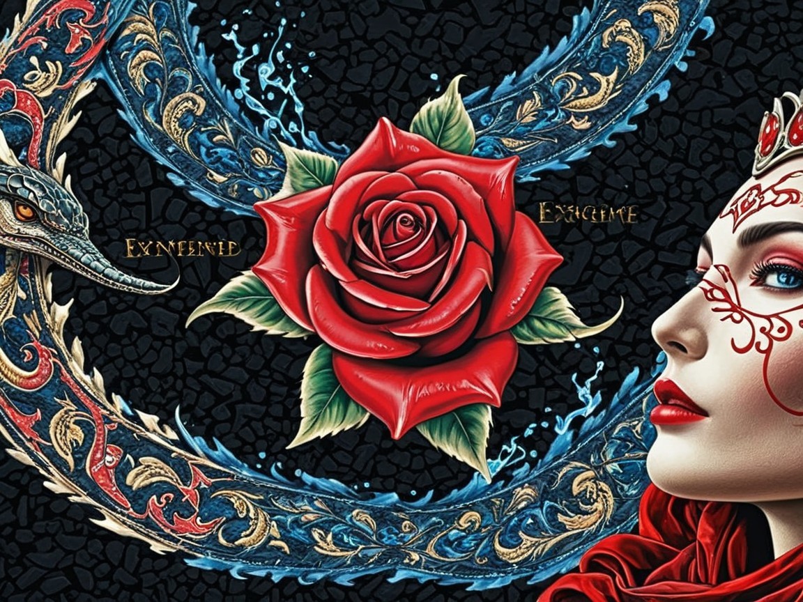 Bold Red Rose Design with Intricate Patterns and Faces