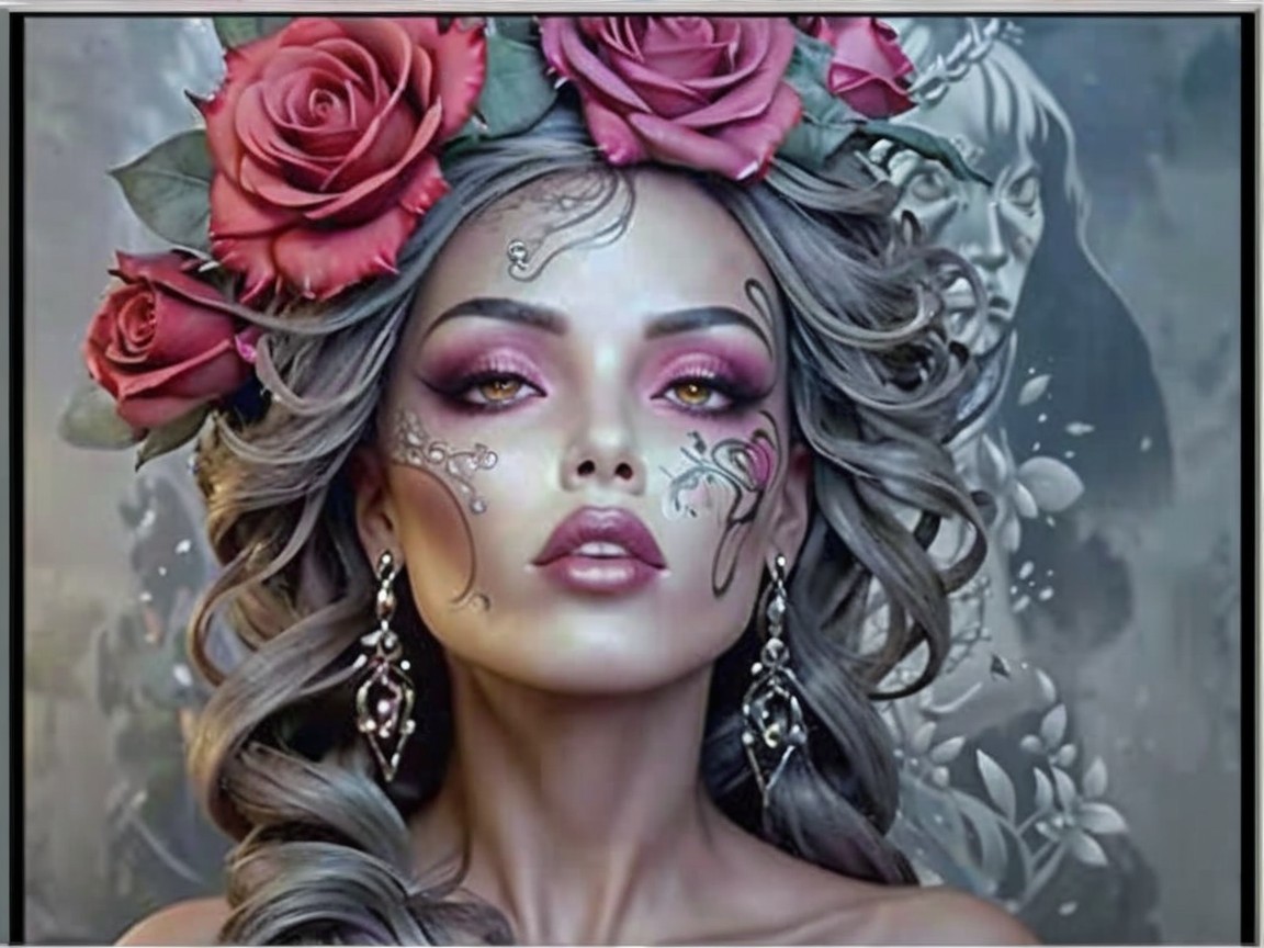 Woman with Gray Hair and Red Rose Crown