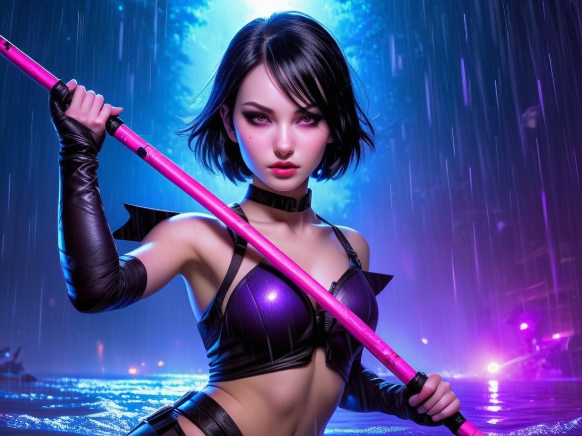 Fierce Female Character with Pink Staff in Neon Rain