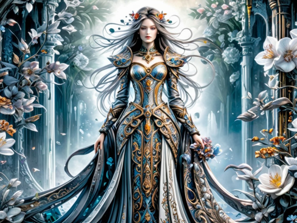 Majestic figure in mystical garden with floral gown