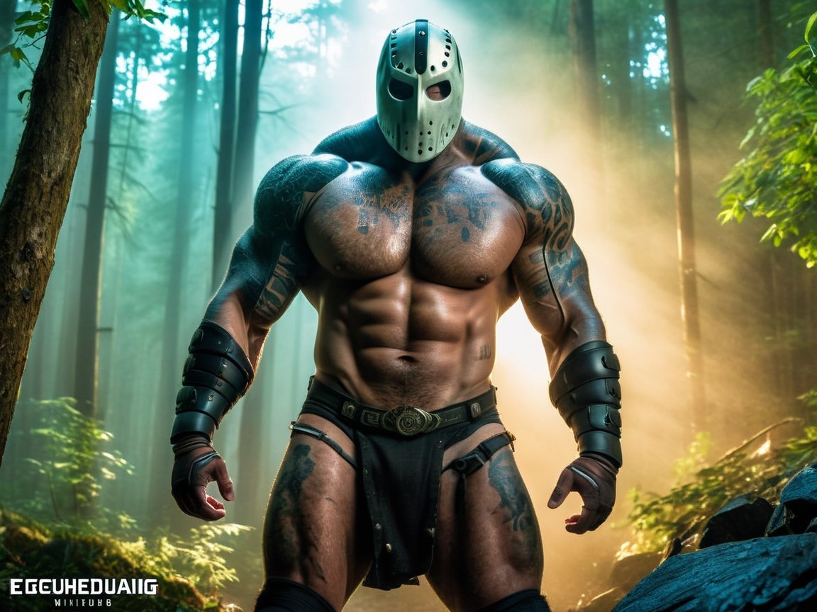 Muscular Figure in Misty Forest with Armor and Tattoos