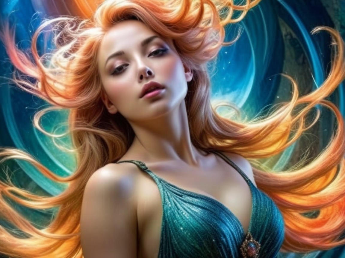 Vibrant Orange Hair and Teal Gown in Mystical Setting