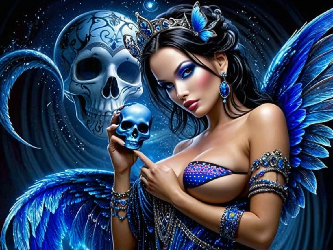 Mystical figure with blue skull in surreal backdrop