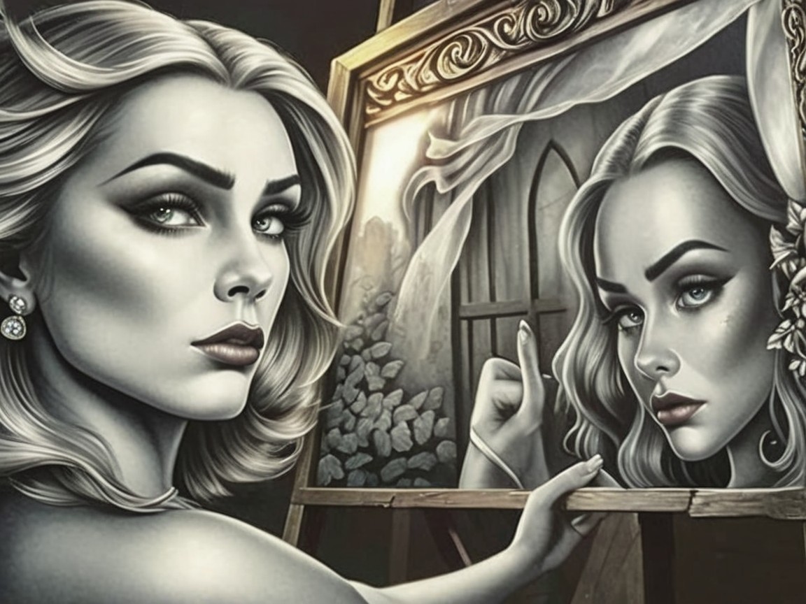 Black-and-white illustration of a woman by a mirror