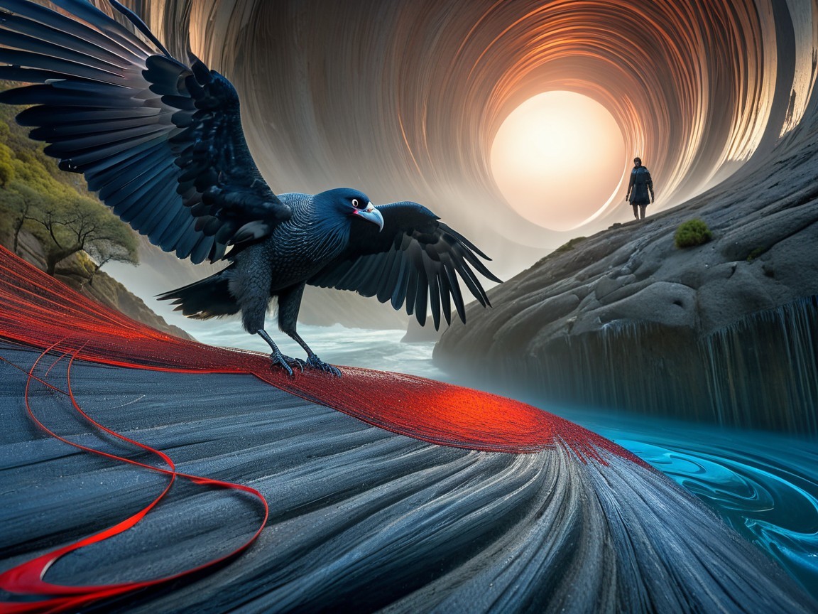 Majestic black bird on red ribbon in surreal landscape