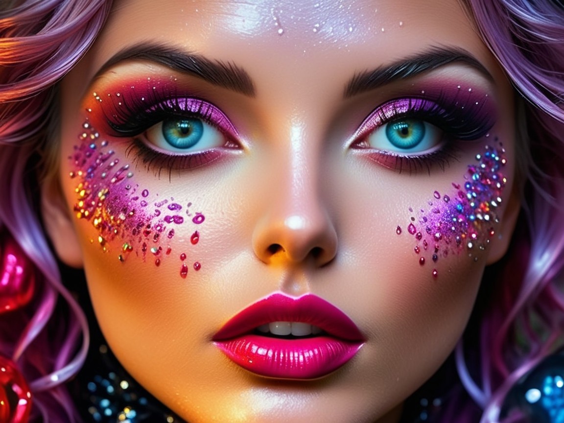 Vibrant Makeup and Sparkling Jewels on a Beautiful Face