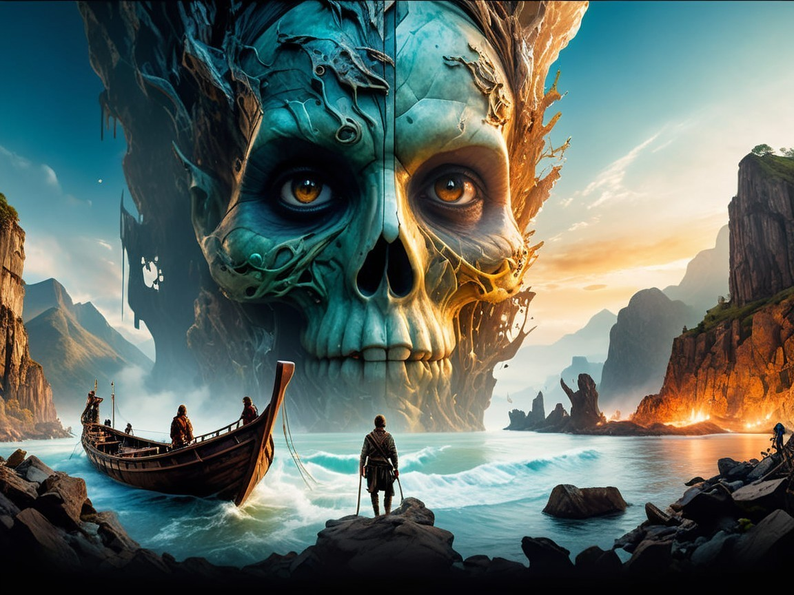 Colossal Skull Overlooks Jagged Cliffs at Sunset