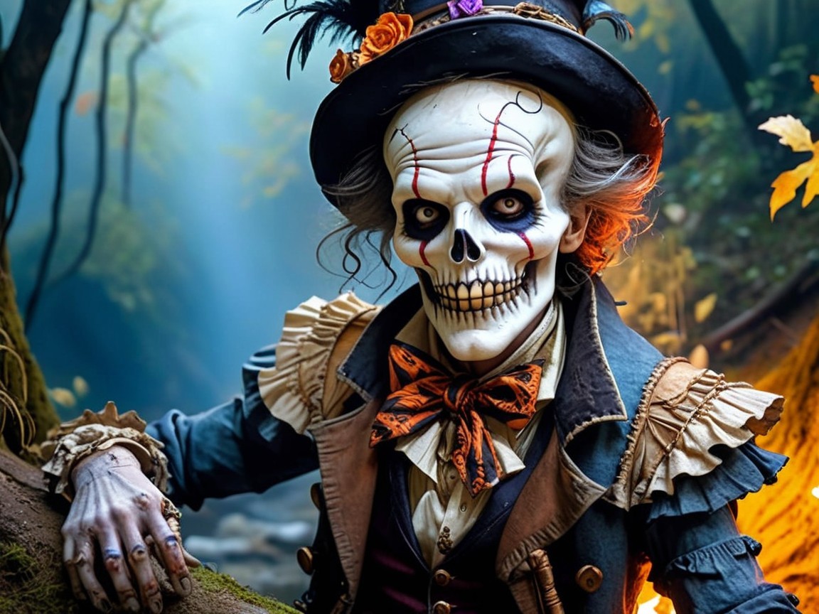Skeletal Character in Misty Forest with Vintage Costume