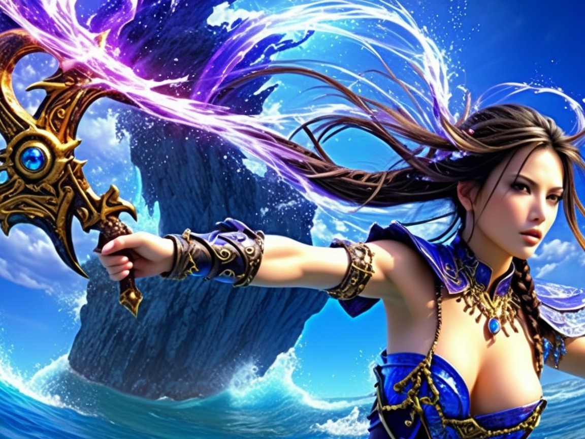 Warrior Woman in Blue Armor with Purple Energy Staff