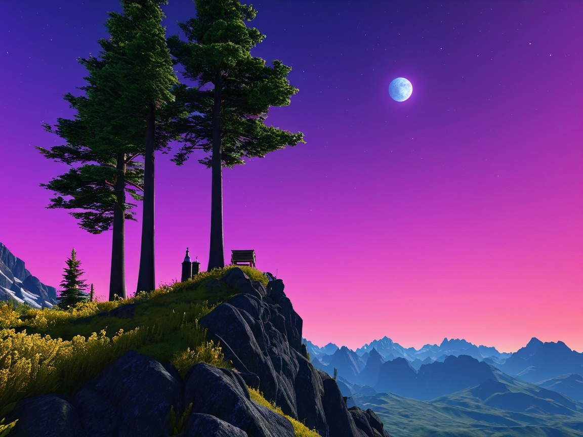 Serene Landscape with Trees, Mountains, and Moonlight