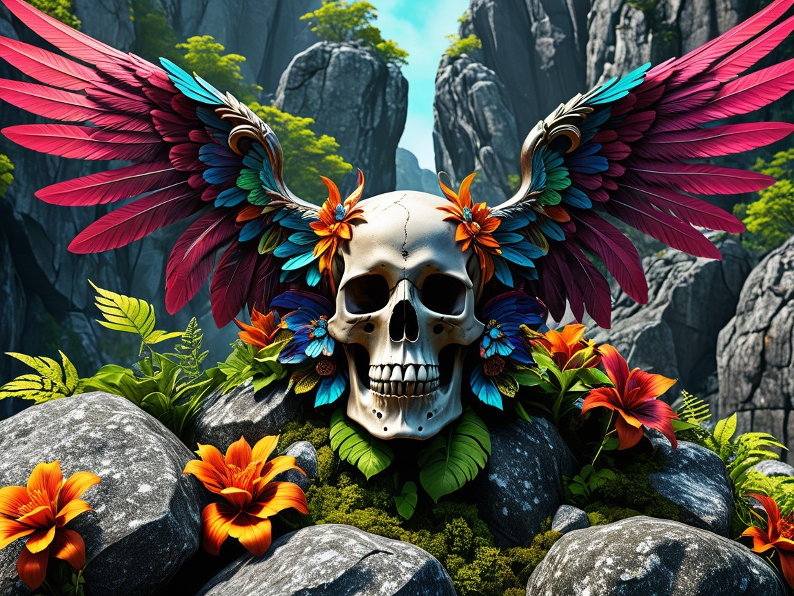 Stylized Skull with Colorful Wings Among Nature