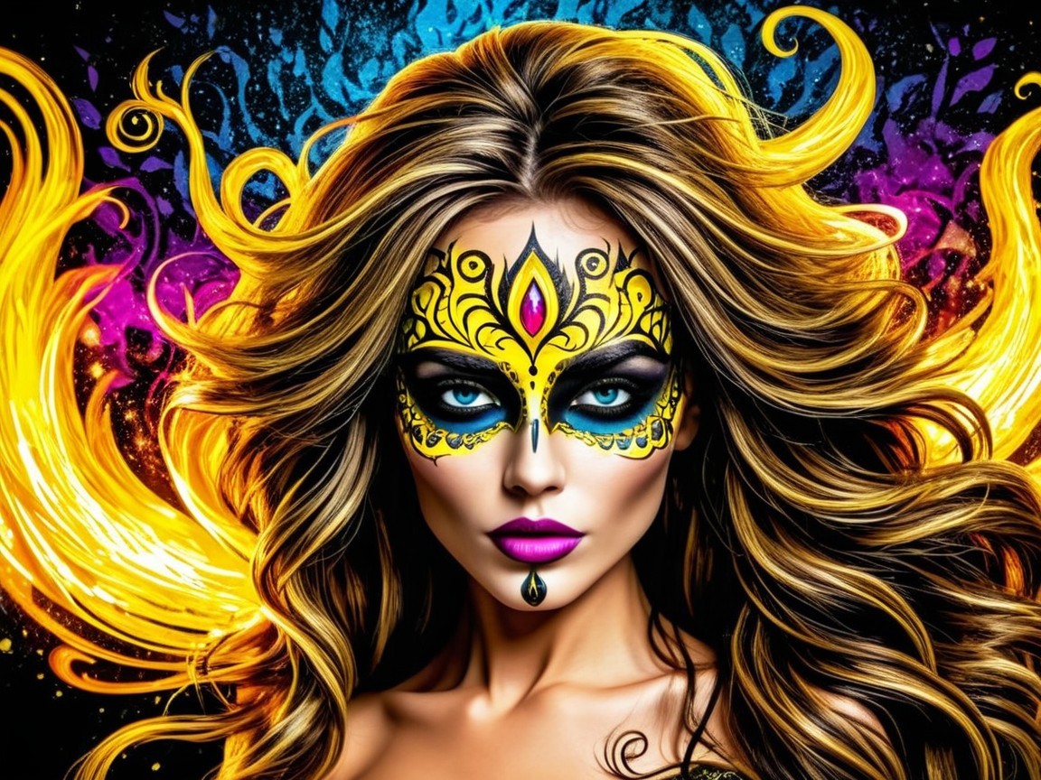 Vibrant Woman with Colorful Face Mask and Fiery Background