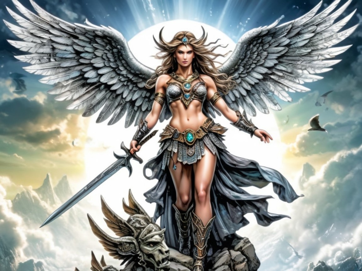 Angelic Figure with Wings and Sword on Rocky Outcrop