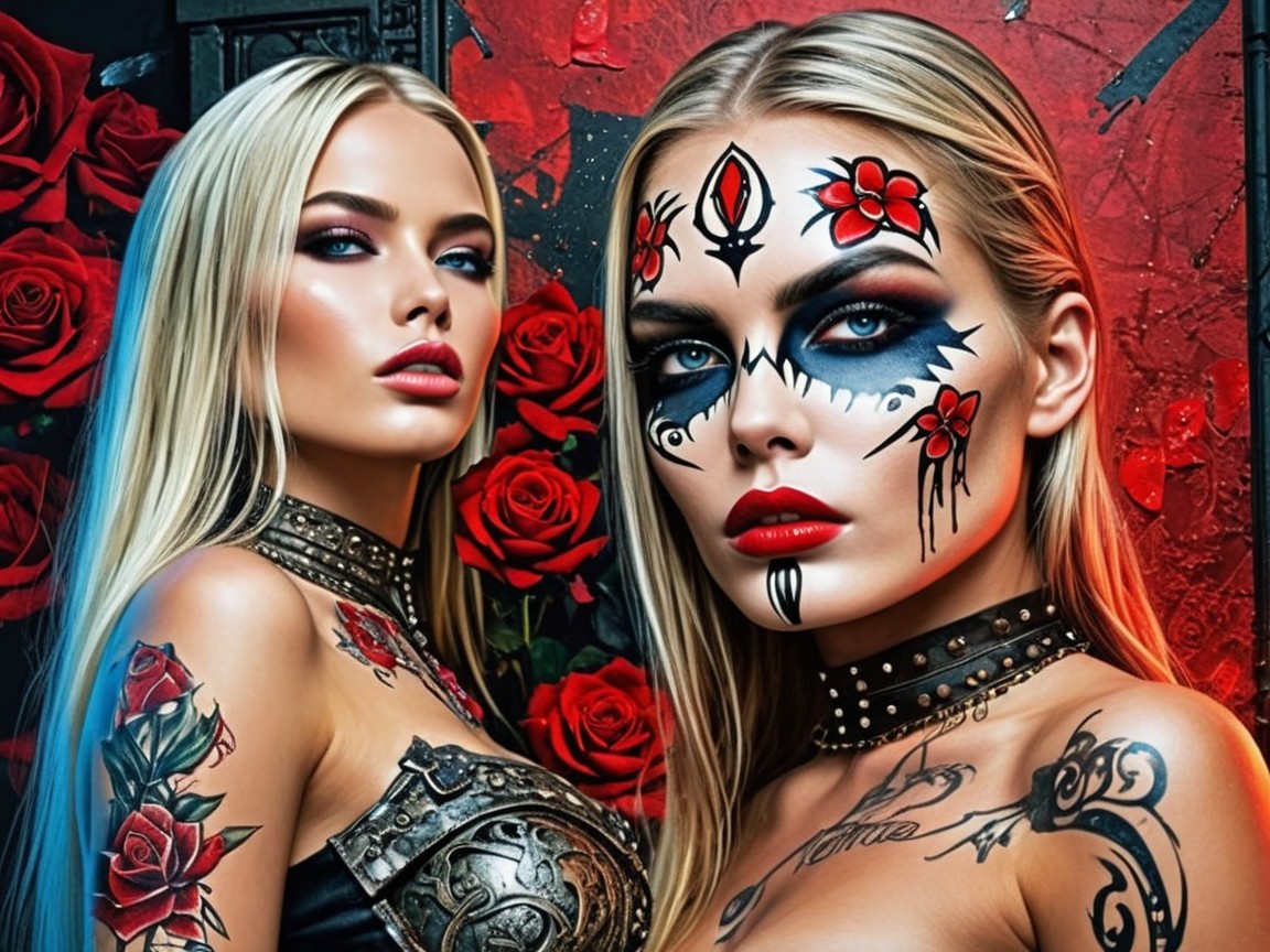 Women with Tattoos and Bold Makeup Among Roses