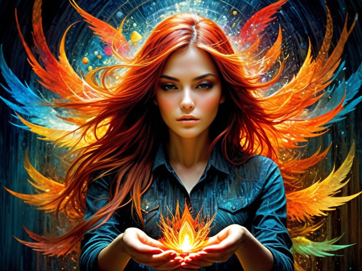 Woman with Red Hair Holding Glowing Flame in Colorful Background