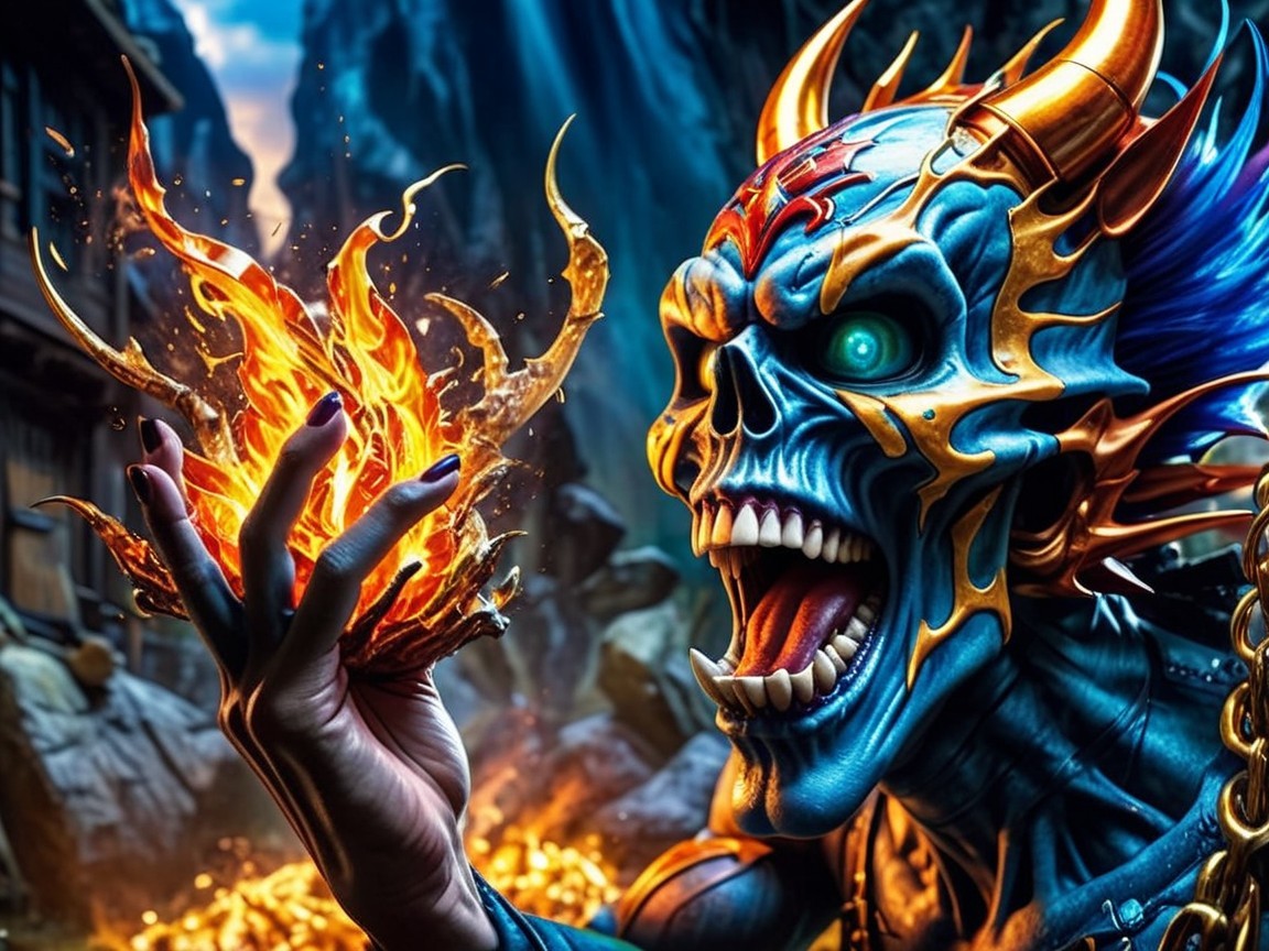 Skeletal Figure in Colorful Armor with Swirling Flame