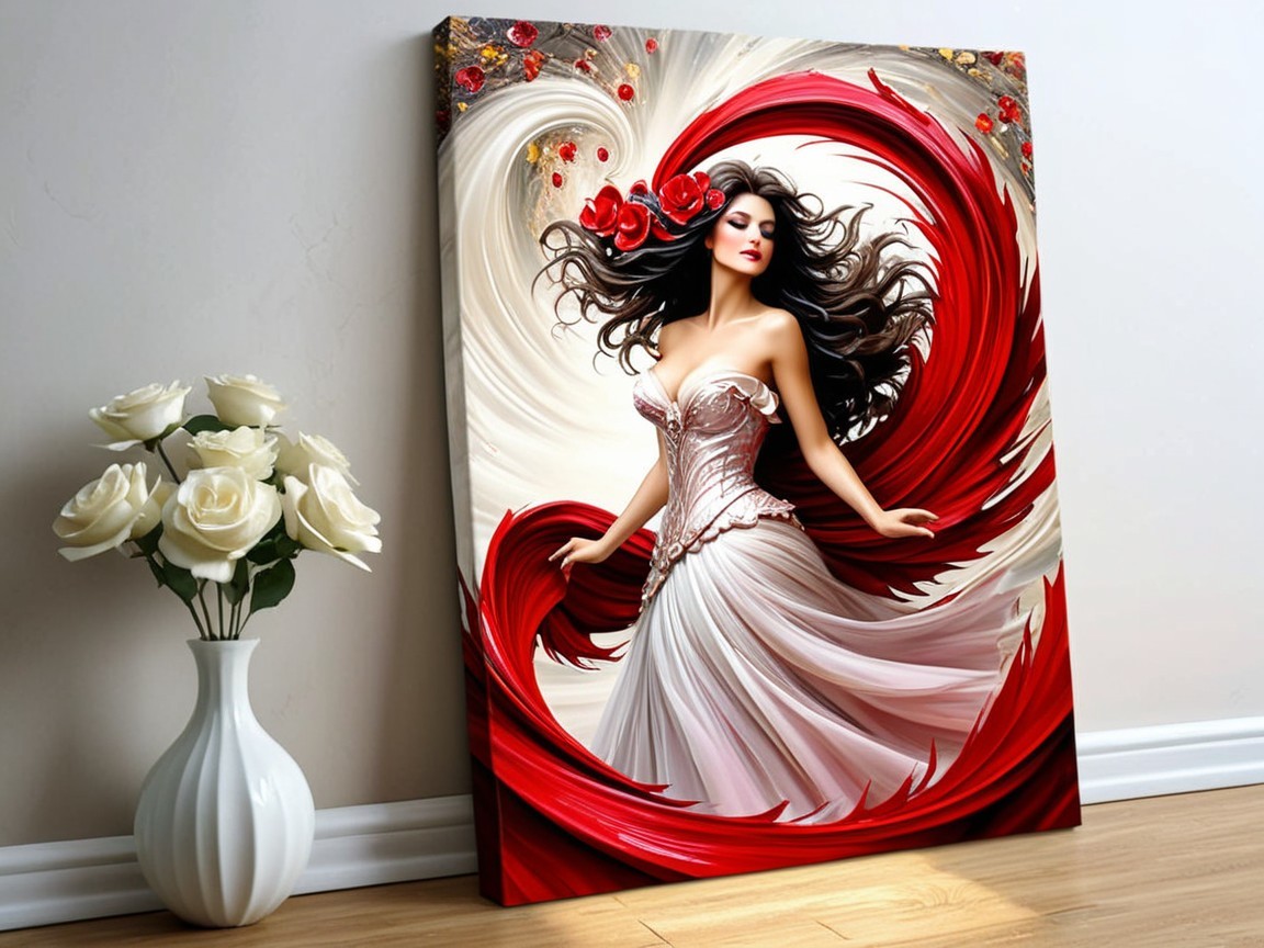 Vibrant Painting of Woman in White Gown with Roses