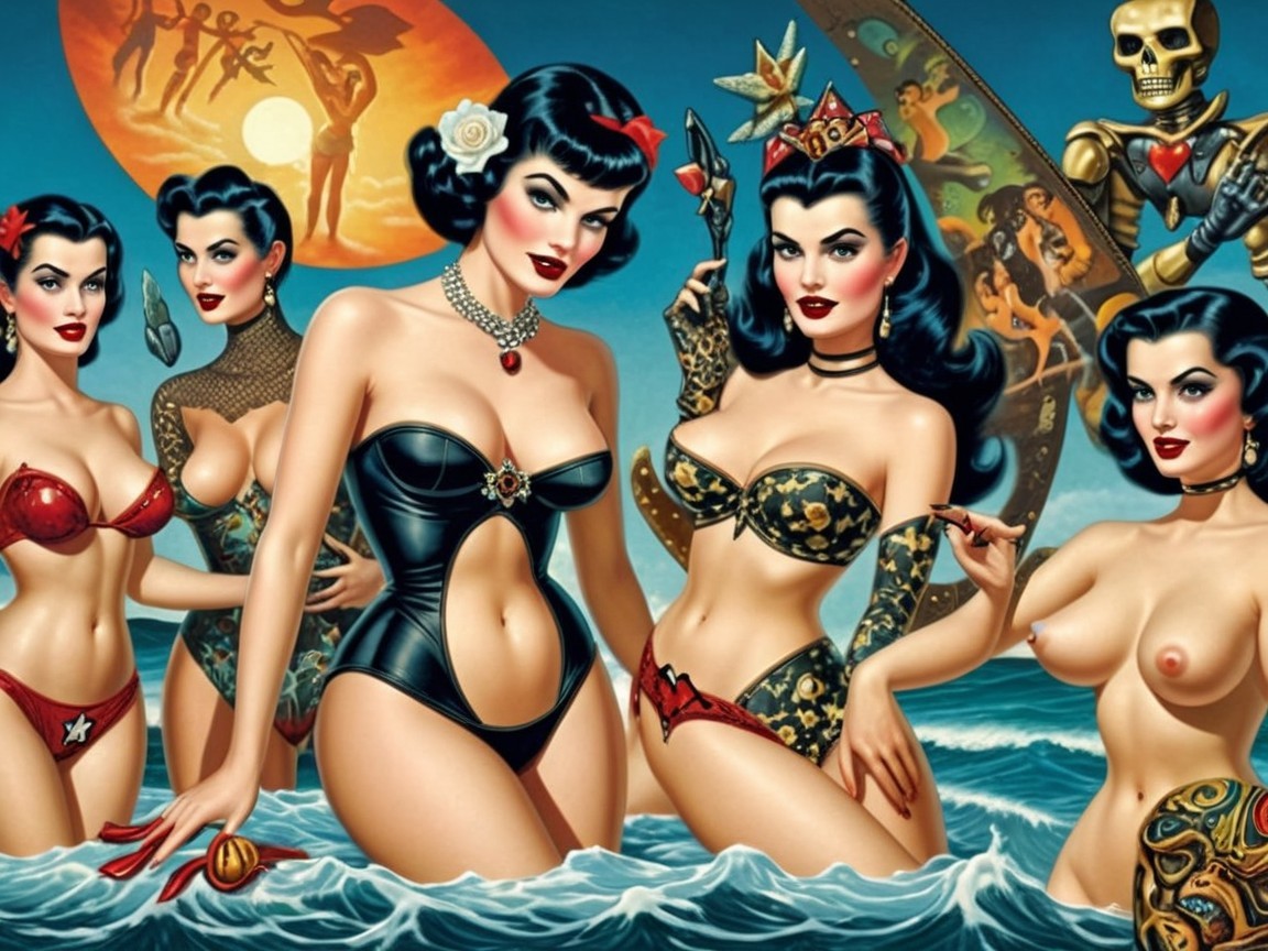 Retro-Inspired Scene with Women in Vintage Swimwear