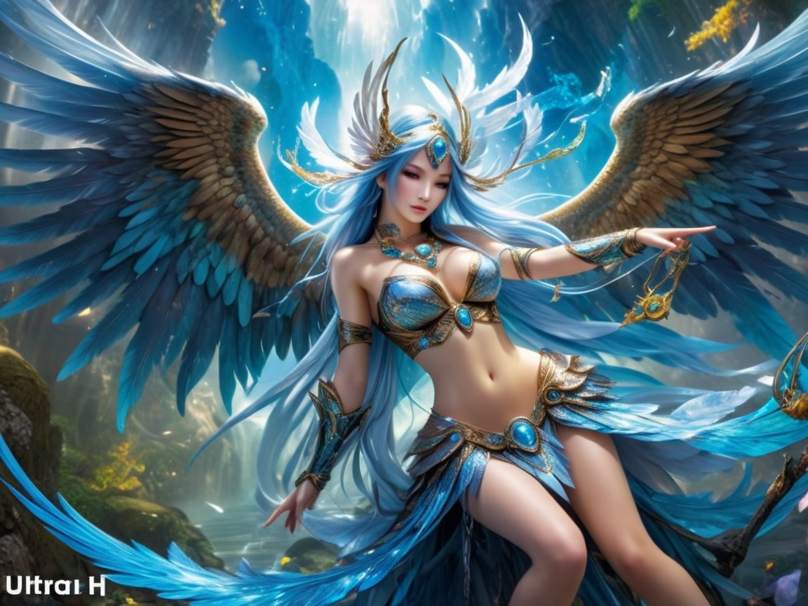 Fantasy Character with Blue Hair and Feathered Wings