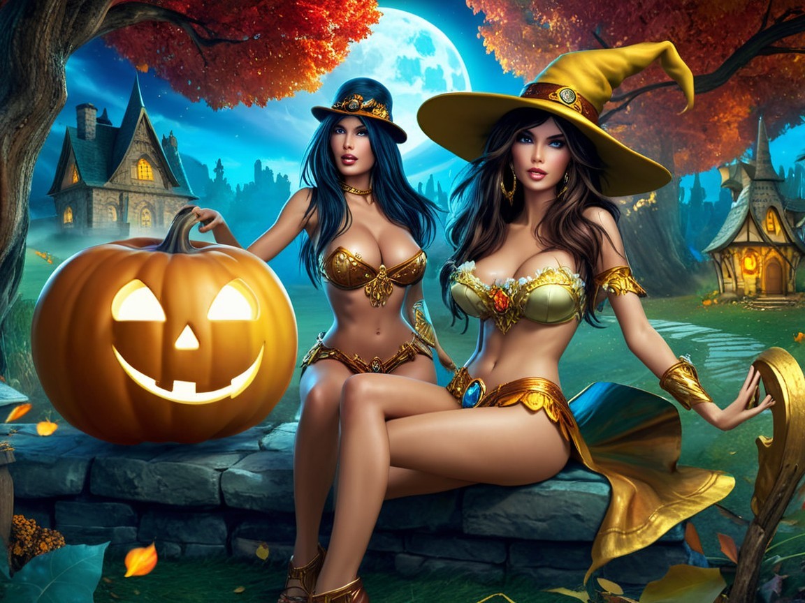 Witches in Costumes by Glowing Pumpkin in Autumn Village