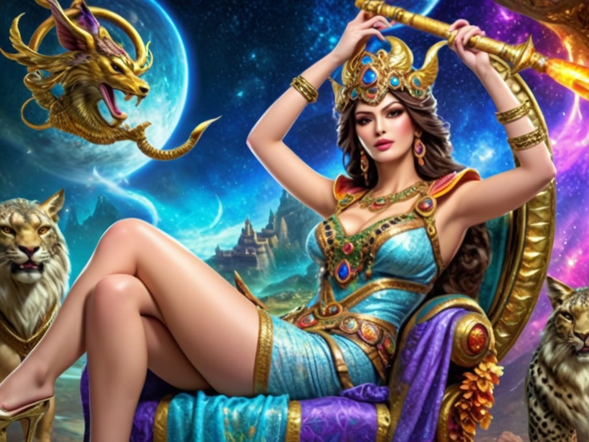 Regal Woman on Throne with Mythical Creatures