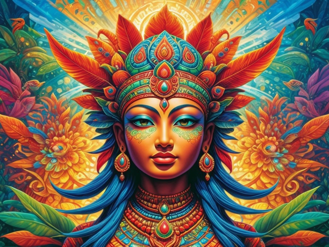 Vibrant Deity with Colorful Patterns and Nature Motifs