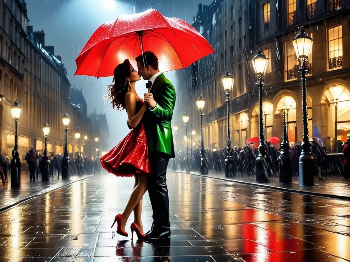 Couple Kissing Under Red Umbrella on Rainy Street