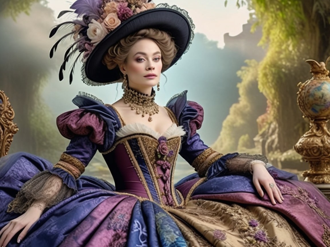 Regal Woman in Opulent Gown with Elegant Landscape