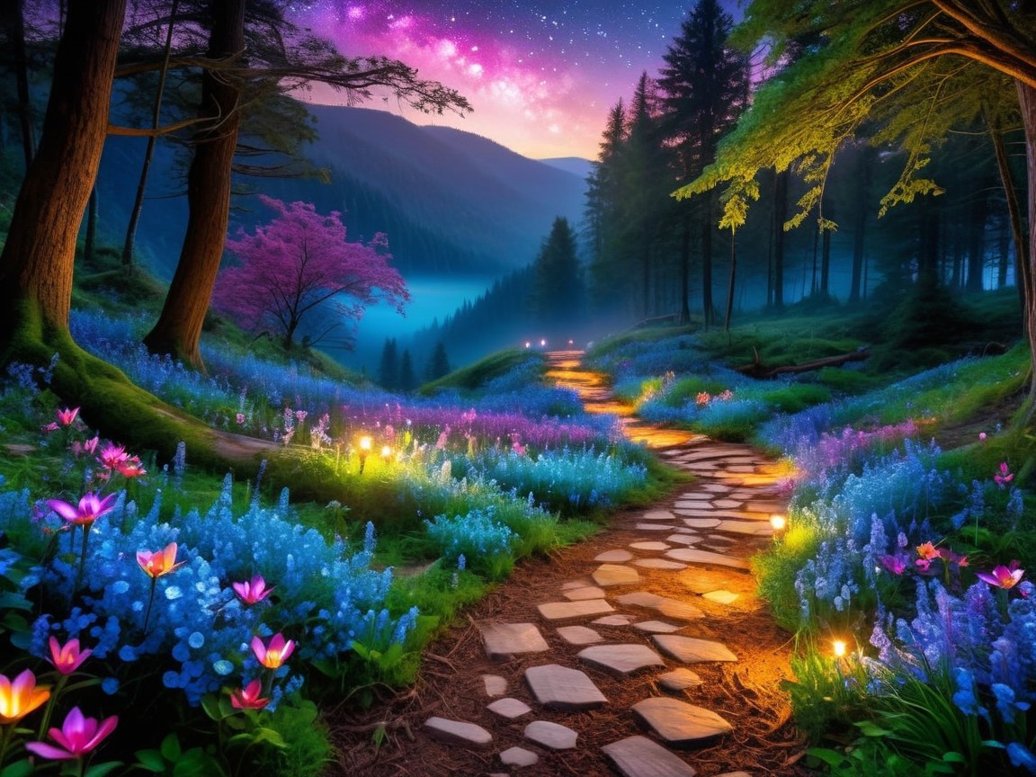 Serene forest scene with stone path and vibrant flowers