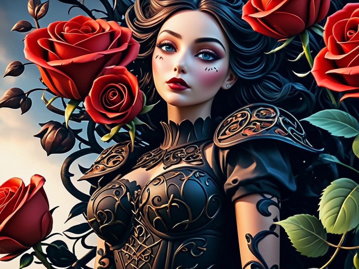 Fantasy Portrait of a Woman with Roses and Black Outfit
